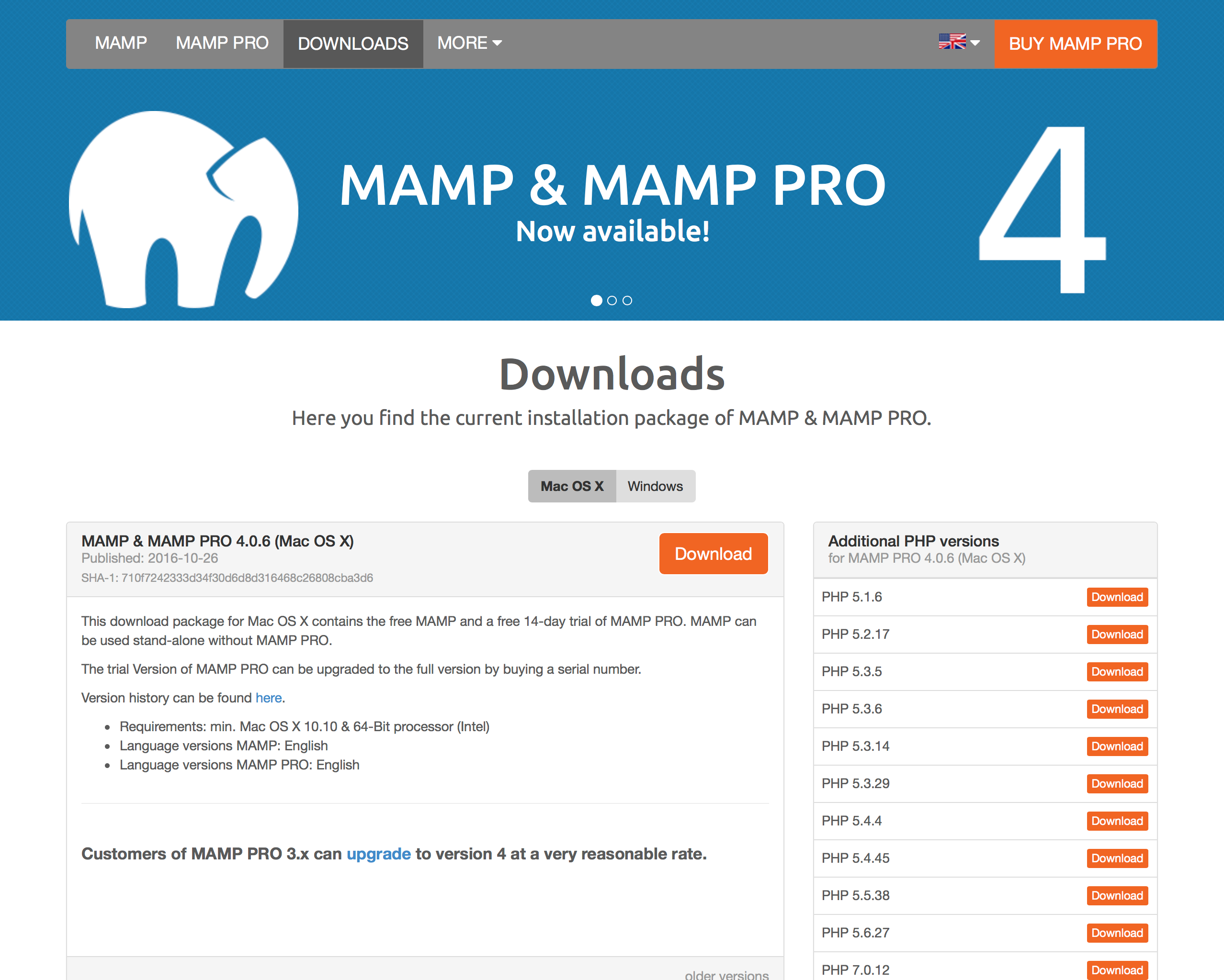 MAMP 公式サイトのダウンロードページ